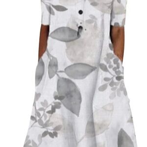 Casual Gray and Blue Leaf Print Midi Dress